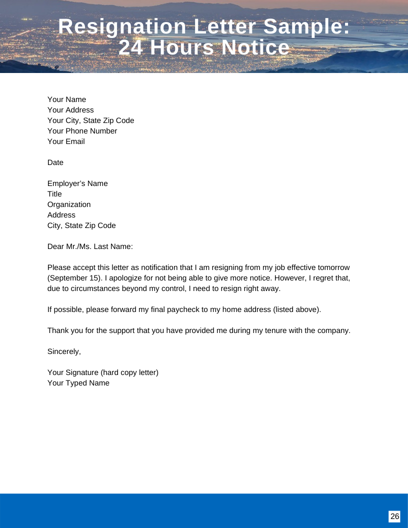 Resignation Letters   Resignation Letter Sample 24 Hours Notice 